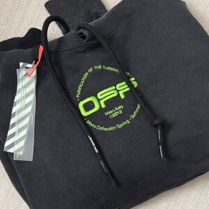 Off-White Black Wash Hoodie with Neon Green Accents